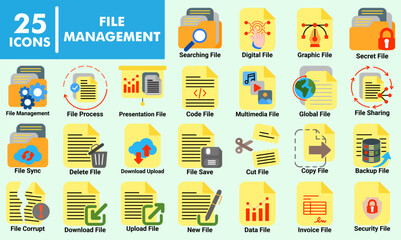 File management icon collection set. Containing download, upload, copy, paste, backup, archive, folder, file, digital, system, sync, transfer, sharing, document icon. Simple flat color illustration.