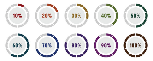 Loading circles and progress circles from 0 to 100 percent. Vector illustration. EPS 10