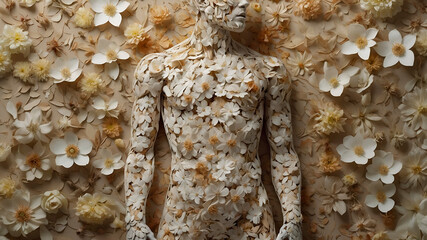 Floral gender-neutral human figure made of vibrant flowers and leaves on a neutral background, symbolizing life, nature, health, and artistic botanical anatomy.