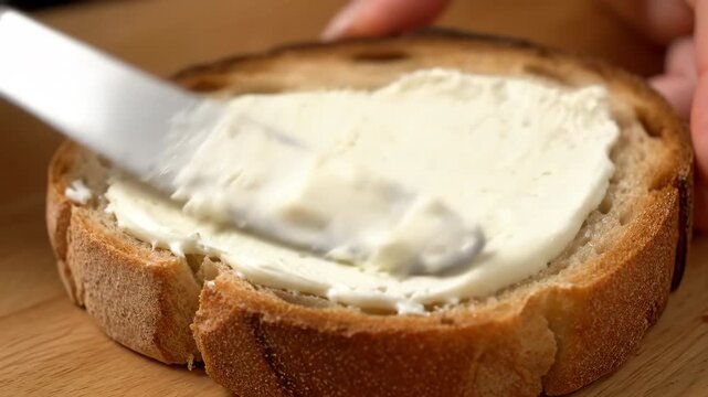 Close-up of a hand spreading creamy butter on a slice of rustic bread using a silver knife on a wooden kitchen countertop, showcasing smooth texture and rich color in a warm, inviting morning light