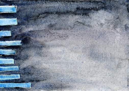 Abstract dark watercolor background with blue geometric rectangles and copy space