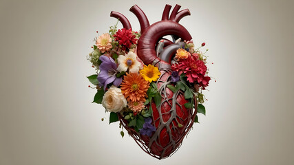 Floral human heart made of vibrant flowers and leaves on a neutral background, symbolizing life, health, and nature in an artistic medical-botanical concept.