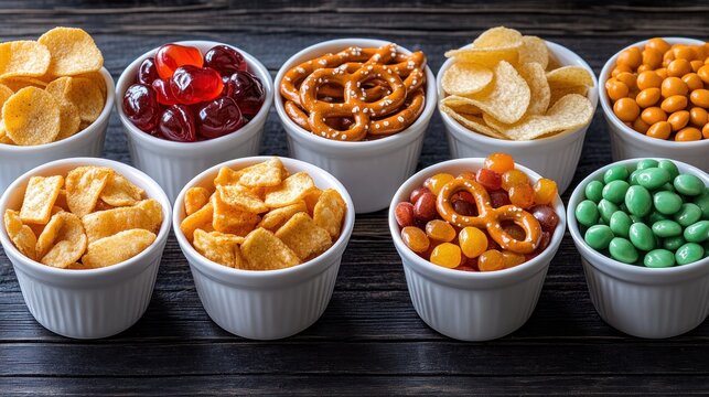 Small white bowls filled with assorted snacks - Powered by Adobe