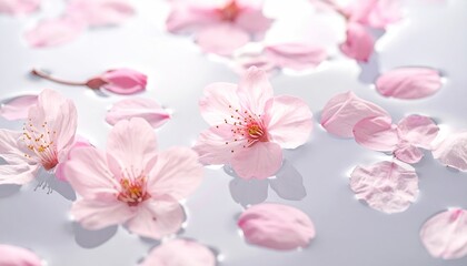 Floating Pink Cherry Blossoms and Petals on a Light Blue Water Surface with Soft Natural Light in an Artistic Composition