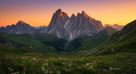 Vibrant mountain landscape under orange sun, natural beauty