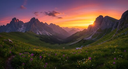 Vibrant mountain landscape under orange sun, natural beauty