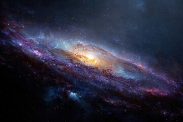 Vibrant spiral galaxy with a glowing yellow core and colorful cosmic dust clouds in deep space.