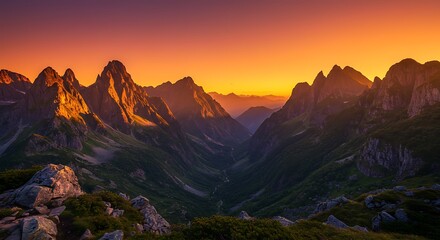 Vibrant mountain landscape under orange sun, natural beauty