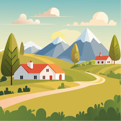 Vector illustration of a rural landscape or farm with houses, mountains, trees and grass. Freehand drawing of a sunny summer day in the village.