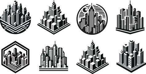 set of Minimal outline cityscape silhouette logo illustration.