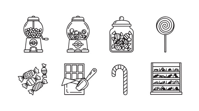 Collection of vintage candy and sweet treats in a simple silhouette style