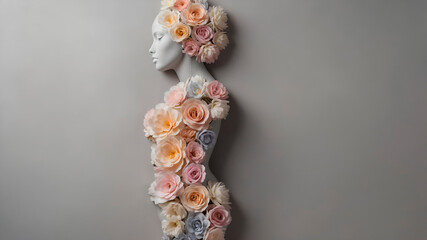 Floral female human figure made of vibrant flowers and leaves on a neutral background, symbolizing life, nature, health, and artistic botanical anatomy.