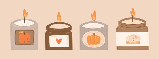 Autumn scented candles set. Cute vector illustrations in cartoon style. Lit jar fall collection candles with apple,  cinnamon bun, pumpkin smells. Cozy illustration on beige background.