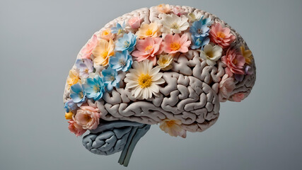 Floral human brain made of vibrant flowers and leaves on a neutral background, symbolizing intellect, life, and nature in an artistic medical-botanical concept.