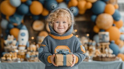 Brightly decorated birthday celebration with a joyful child holding a gift amidst colorful balloons and festive decor in a cozy setting