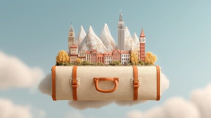 A whimsical journey through a dreamy landscape featuring a suitcase adorned with charming buildings and majestic mountains under a serene sky at dawn