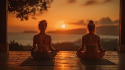 Sunset tranquility as two individuals practice yoga in harmony amidst a serene coastal vista