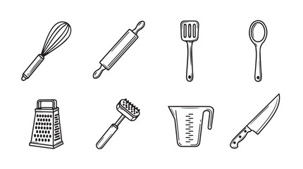 Collection of hand drawn kitchen utensils in a sketchy silhouette style