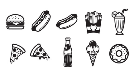 Collection of fast food icons in a simple black and white silhouette style