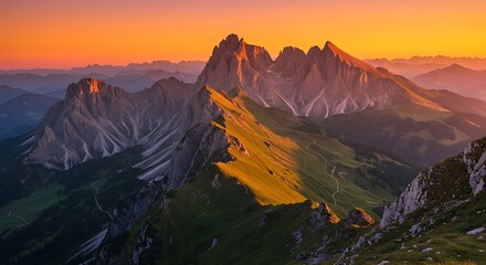 Vibrant mountain landscape under orange sun, natural beauty