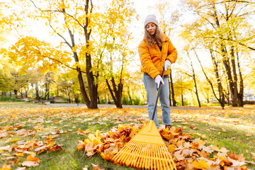 A female volunteer in a bright jacket cleans orange leaves in a park in the sun. A young woman...