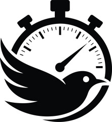Stopwatch with Flying Bird Icon – Black Silhouette Symbolizing Speed, Precision, and Time Efficiency for Tech and Lifestyle Use