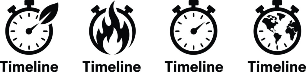 Timeline Icon Set – Feather, Flame, Earth, and Stopwatch Symbols in Black Silhouette for History, Data, and Global Themes