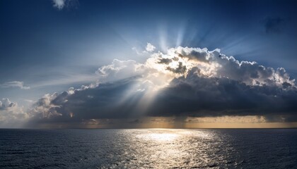 Dramatic Sun Rays Piercing Storm Clouds Above Ocean Symbolize Hope After Storm