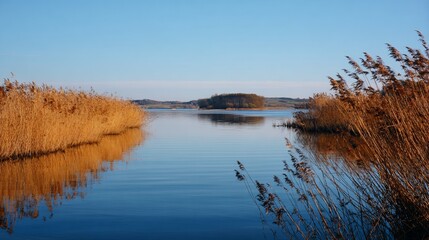 Calm lake view framed by reeds, distant island, clear blue sky above
