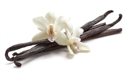 Dark brown vanilla pods with white orchids
