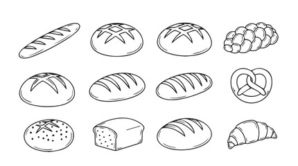 Collection of various bread types rendered in a charming hand drawn silhouette style