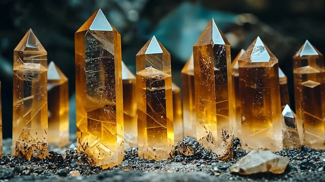 Pointed golden yellow citrine quartz crystals with radiant translucent facets illuminated from within standing on textured dark ground for geological studies fantasy art and decorative design concept