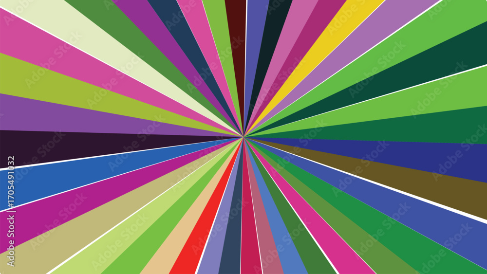 Poster colorful abstract radial burst design with vibrant stripes and converging lines creating a dynamic v