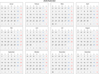A simple and clear 2026 German calendar showing the entire year at a glance. Perfect for planning, scheduling, and organizing events with a European date format