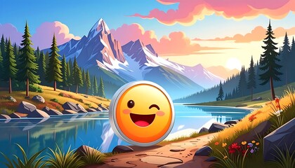 A digital illustration features a winking, smiling emoji superimposed over a serene landscape of mountains, a lake, and a path. The scene includes trees, sky, and clouds