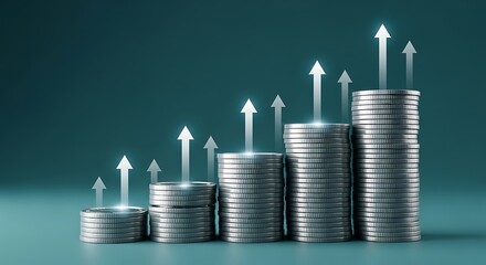 Stacks of silver coins with upward arrows indicating financial growth and investment returns