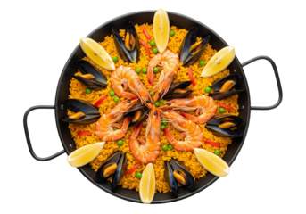 Delicious Seafood Paella with Prawns, Mussels, and Lemon Wedges in a Traditional Pan, Isolated on White