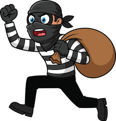 Cartoon burglar running with sack in striped shirt and mask, thief character in action, crime escape vector illustration for design
