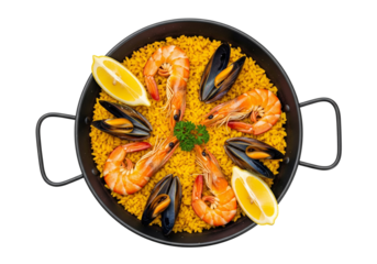 Delicious Spanish Seafood Paella with Shrimp, Mussels, and Lemon, Isolated on White Background
