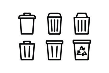 Collection of six different trash bin outlines displays a variety of shapes and styles