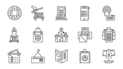 Collection of outline icons representing various business and office concepts silhouette