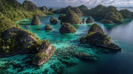 Raja Ampat Islands Aerial View: Turquoise Waters and Lush Green Karst Formations