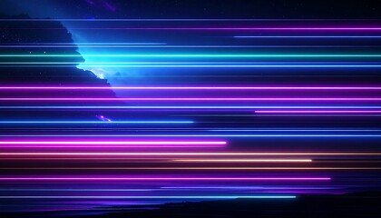 A vibrant abstract scene featuring glowing horizontal neon lines in shades of pink, blue, and purple. A silhouetted mountainous form and starry sky add depth and mystery