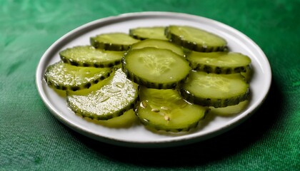 Create A Vibrant And Colorful Image Featuring Bright Green Dill Pickle Slices With A Bumpy Texture Glistening With Moisture