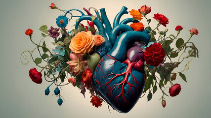 Floral human heart made of vibrant flowers and leaves on a neutral background, symbolizing life, health, and nature in an artistic medical-botanical concept.