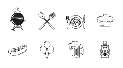 Collection of barbecue and outdoor cooking icons in silhouette style