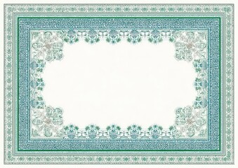 Rectangular white background framed by intricate teal and light teal floral and geometric patterns