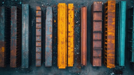 Obraz premium Stacked rusty metal beams, various colors. Overhead view