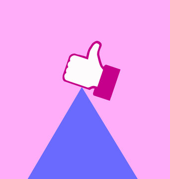 Thumbs up icon balancing on blue pyramid illustration