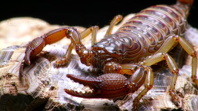 Close-up of a brown Scorpion with large claws on a rock, macro shot focusing on animal, wildlife, nature, arthropod and danger.